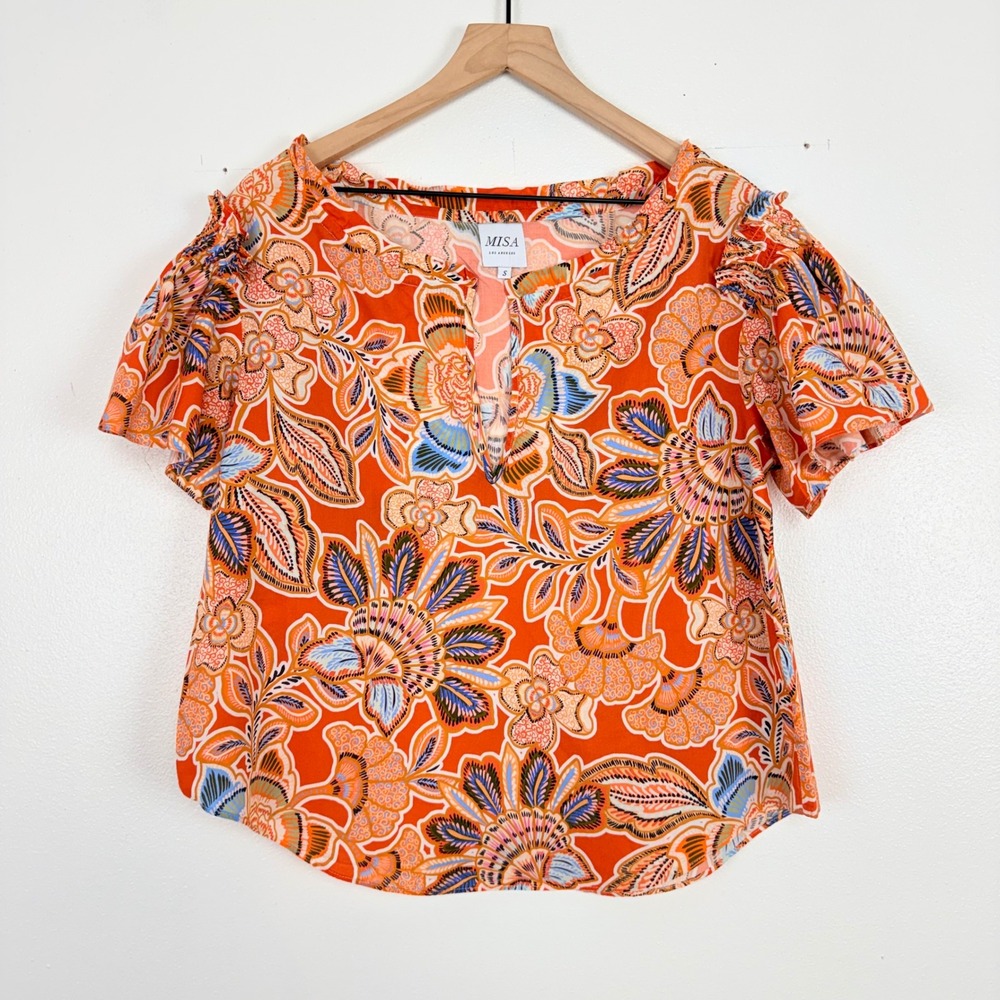 Misa Los Angeles Floral Blouse Womens S Orange Cotton Flutter Sleeve Suparna Top - Picture 2 of 14